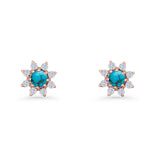 Minimalist 8.2mm Floral Stud Earrings Turquoise & Cubic Zirconia 925 Sterling Silver