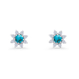 Minimalist 8.2mm Floral Stud Earrings Turquoise & Cubic Zirconia 925 Sterling Silver