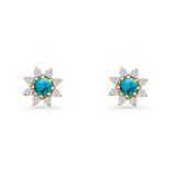 Minimalist 8.2mm Floral Stud Earrings Turquoise & Cubic Zirconia 925 Sterling Silver
