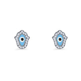 Hamsa Hand Evil Eye Stud Earrings Cubic Zirconia 925 Sterling Silver
