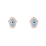 Hamsa Hand Evil Eye Stud Earrings Cubic Zirconia 925 Sterling Silver