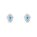 Hamsa Hand Evil Eye Stud Earrings Cubic Zirconia 925 Sterling Silver