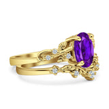 Two Piece Oval  Amethyst CZ Leaf Style Chevron Rings 925 Sterling Silver
