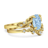 Two Piece Oval  Aquamarine CZ Leaf Style Chevron Rings 925 Sterling Silver