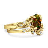 Two Piece Oval Lab Created Black Opal Leaf Style Chevron Rings 925 Sterling Silver