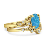 Two Piece Oval Lab Created Blue Opal Leaf Style Chevron Rings 925 Sterling Silver