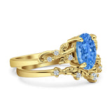 Two Piece Oval Blue Topaz CZ Leaf Style Chevron Rings 925 Sterling Silver