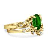 Two Piece Oval Green Emerald CZ Leaf Style Chevron Rings 925 Sterling Silver
