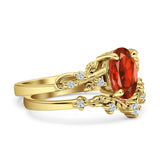 Two Piece Oval Garnet CZ Leaf Style Chevron Rings 925 Sterling Silver