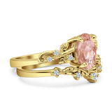 Two Piece Oval Morganite CZ Leaf Style Chevron Rings 925 Sterling Silver