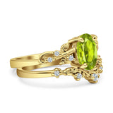 Two Piece Oval Peridot CZ Leaf Style Chevron Rings 925 Sterling Silver