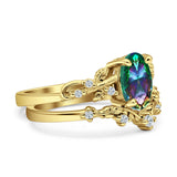Two Piece Oval Rainbow CZ Leaf Style Chevron Rings 925 Sterling Silver