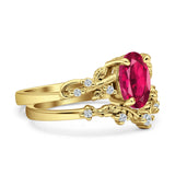 Two Piece Oval Ruby CZ Leaf Style Chevron Rings 925 Sterling Silver
