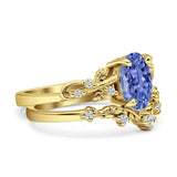 Two Piece Oval Tanzanite CZ Leaf Style Chevron Rings 925 Sterling Silver