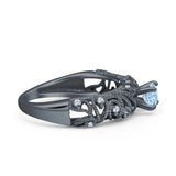 Art Deco 6.2mm Round Aquamarine CZ Beaded Filigree Ring 925 Sterling Silver