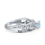 Art Deco 6.2mm Round Aquamarine CZ Beaded Filigree Ring 925 Sterling Silver