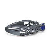 Art Deco 6.2mm Round Blue Sapphire CZ Beaded Filigree Ring 925 Sterling Silver