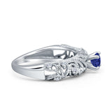 Art Deco 6.2mm Round Blue Sapphire CZ Beaded Filigree Ring 925 Sterling Silver