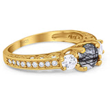 Three Stone Art Deco Round Natural Stone Ring