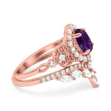 Oval Natural Stone Wedding Set Chevron Ring