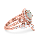 Oval Natural Stone Wedding Set Chevron Ring