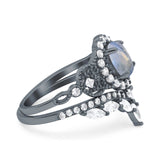 Oval Natural Stone Wedding Set Chevron Ring