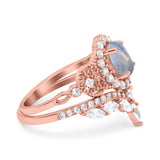 Oval Natural Stone Wedding Set Chevron Ring