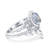 Oval Natural Stone Wedding Set Chevron Ring