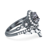 Oval Natural Stone Wedding Set Chevron Ring