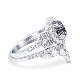 Oval Natural Stone Wedding Set Chevron Ring