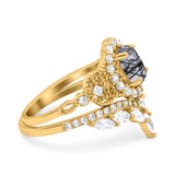 Oval Natural Stone Wedding Set Chevron Ring