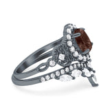 Oval Natural Stone Wedding Set Chevron Ring