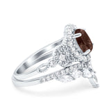 Oval Natural Stone Wedding Set Chevron Ring