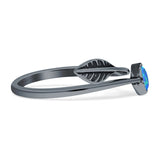 Round 10mm Lab Created Blue Opal Twisted Rope Feather Ring Oxidized 925 Sterling Silver