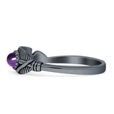 Oval Amethyst CZ Feather Rings 5.4mm Oxidized Beaded 925 Sterling Silver