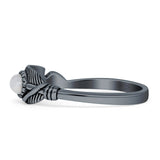 Oval Moonstone Feather Rings 5.4mm Oxidized Beaded 925 Sterling Silver