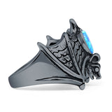 Oval 16mm Lab Created Blue Opal Flying Bat Oxidized Ring 925 Sterling Silver