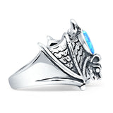 Oval 16mm Lab Created Blue Opal Flying Bat Oxidized Ring 925 Sterling Silver