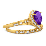 Pear Teardrop Natural Stone Wedding Set Ring