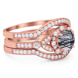 Three Piece Round Natural Stone Leaf Style Ring