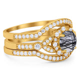 Three Piece Round Natural Stone Leaf Style Ring