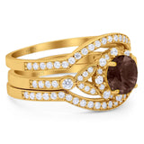Three Piece Round Natural Stone Leaf Style Ring