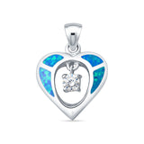 Lab Created Blue Opal & CZ Heart Charm Pendant 925 Sterling Silver