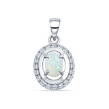 Lab Created White Opal & Halo CZ Oval Pendant 925 Sterling Silver
