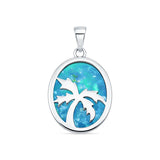 Lab Created Blue Opal Oval Palm Tree Pendant 925 Sterling Silver