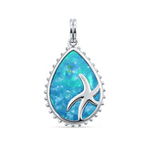 Pear Teardrop Lab Created Blue Opal Starfish Pendant 925 Sterling Silver