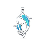 Lab Created Blue Opal Dolphin Turtle Pendant Bead Chain Necklace 925 Sterling Silver
