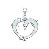 Lab Created White Opal & CZ Dolphin Heart Pendant 925 Sterling Silver
