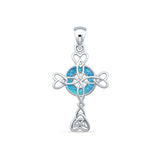 Lab Created Blue Opal Celtic Cross Pendant 925 Sterling Silver