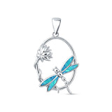 Lab Created Blue Opal Lotus & Dragonfly Pendant 925 Sterling Silver